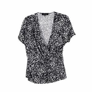 New Jones Wear Womens Top XL Black White Faux Wrap Surplice Drape Blouse